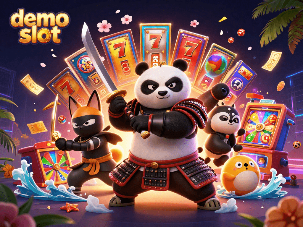 Permainan demo slot berwarna-warni dengan karakter panda samurai dan rubah ninja dalam suasana kasino yang meriah.