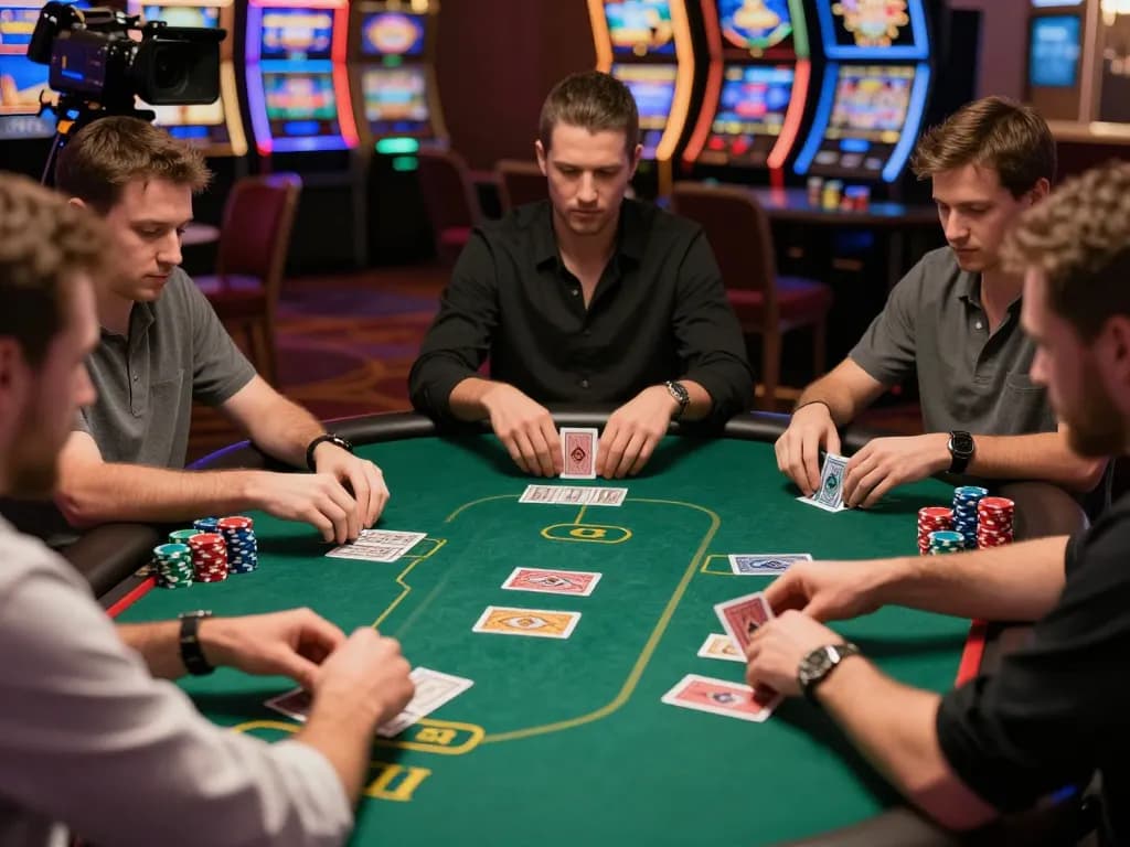 Engaged players strategizing at the SC88 poker table while chips pile up.