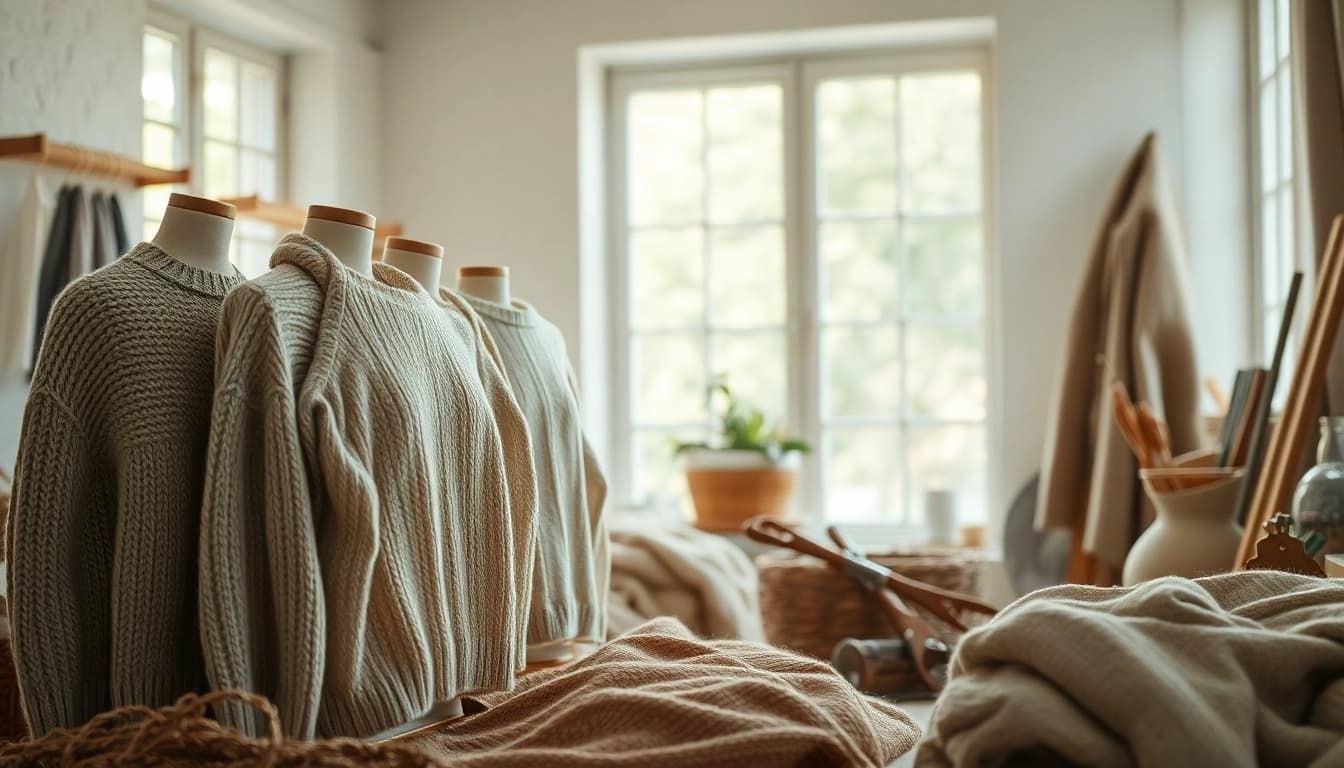 Showcase unique handmade garments from https://www.ound-ound.com in a natural, warm setting.