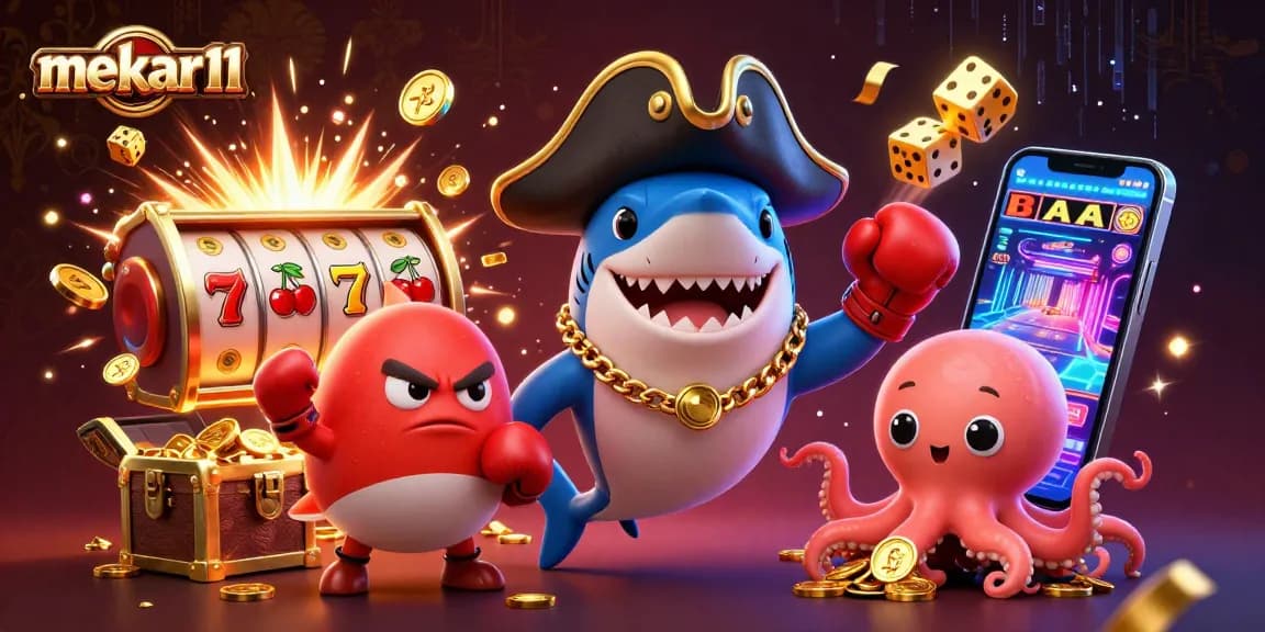 Mekar11 showcases vibrant casino action with a shark, pufferfish, and octopus in this engaging digital scene.