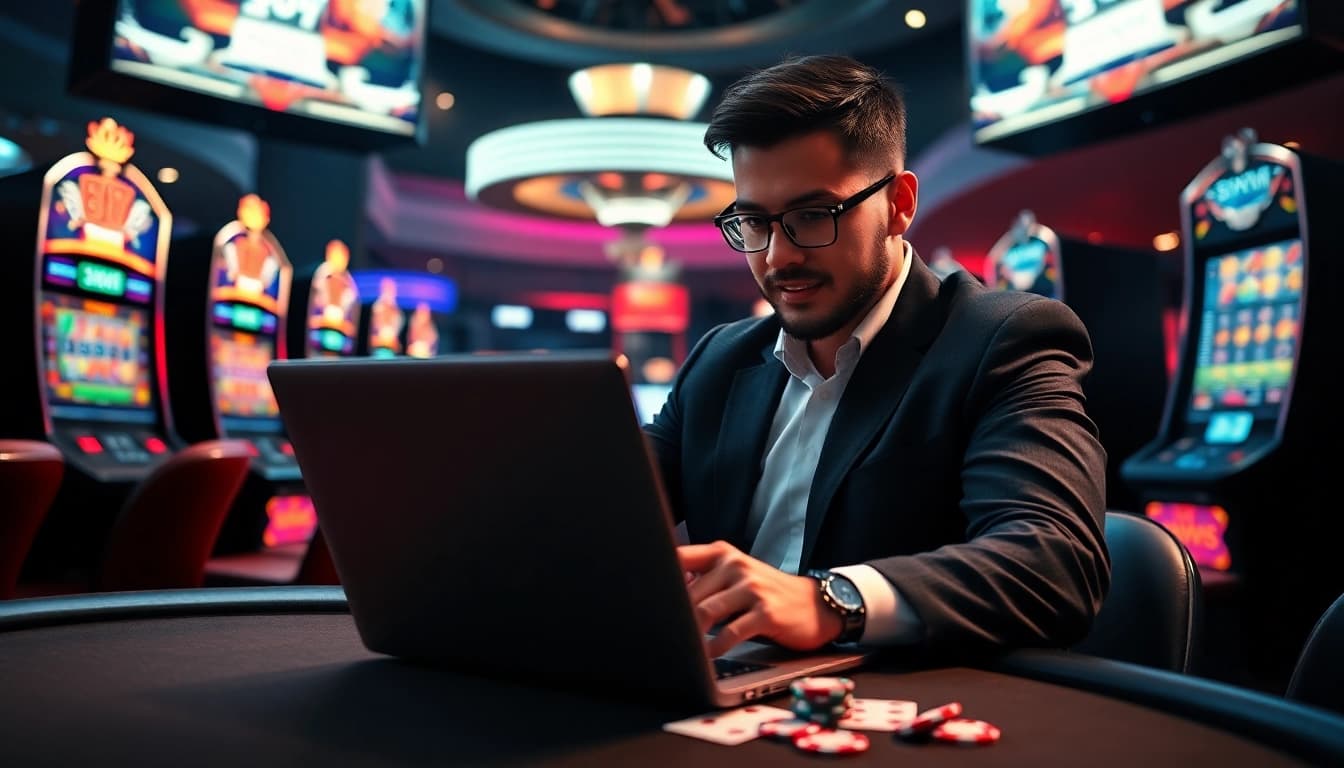 Mengakses virus4d login slot dengan suasana kasino yang menarik dan layar digital yang cerah.