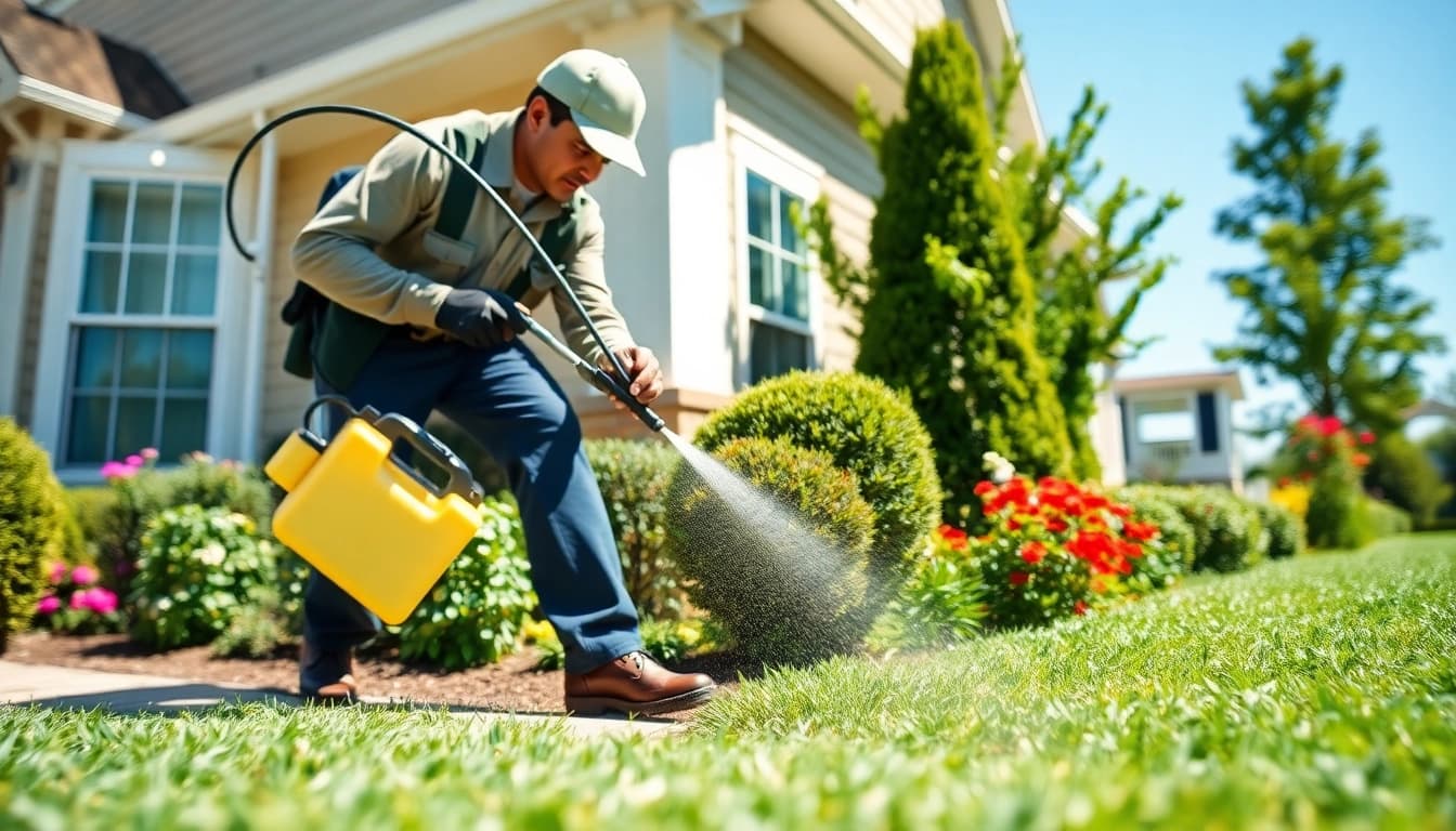 Technician performing perimeter pest treatment to protect a home from pests.