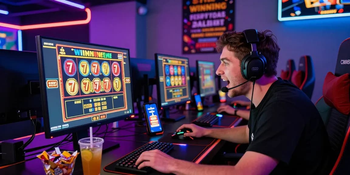 Player engaging with slot777 game on a vibrant computer setup with snacks.