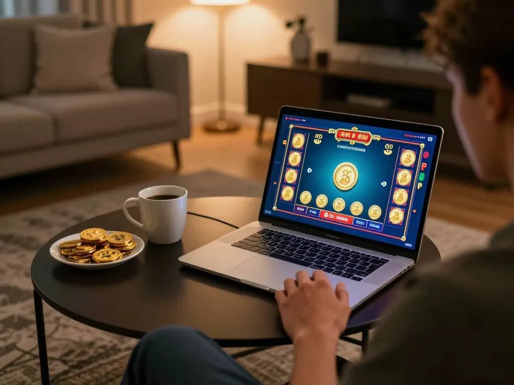 Engaging online xóc đĩa gaming moment on laptop, showcasing a vibrant game interface and cozy ambient setting