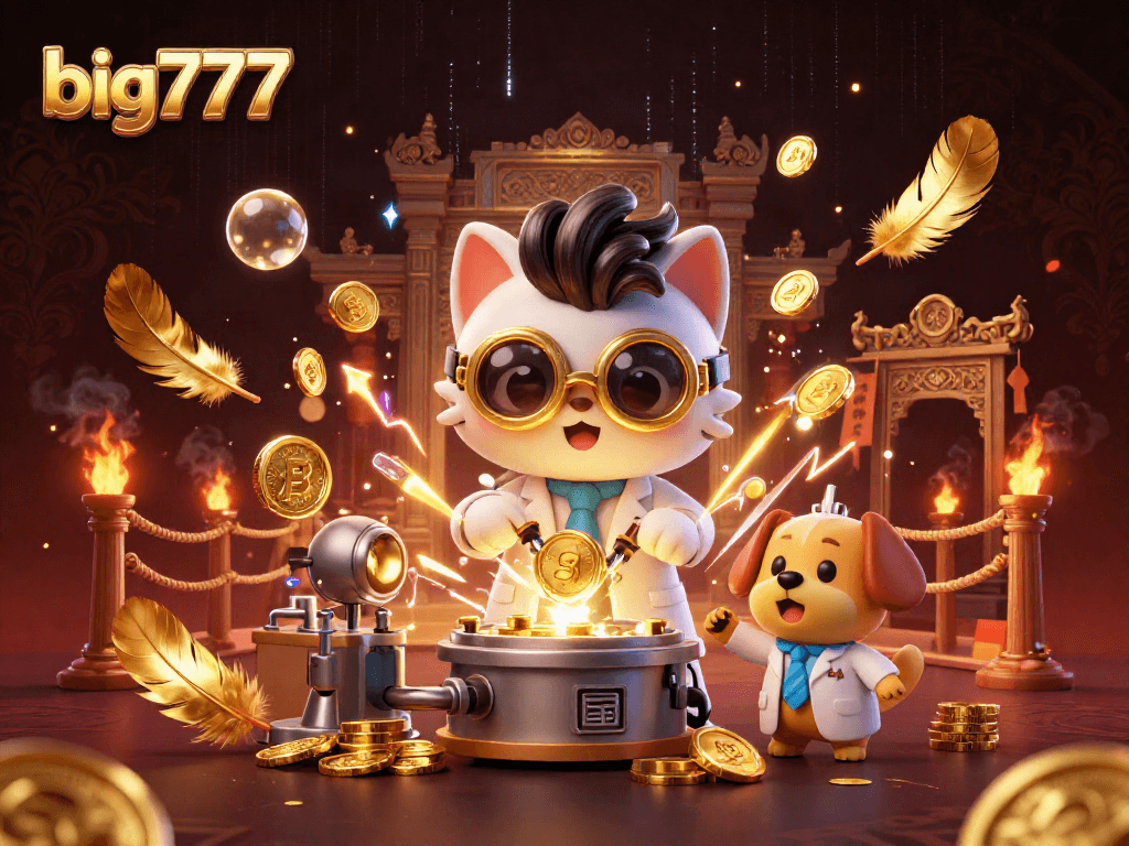 Experience big777 with an action-packed scene featuring a mad scientist cat and dog in a vibrant casino