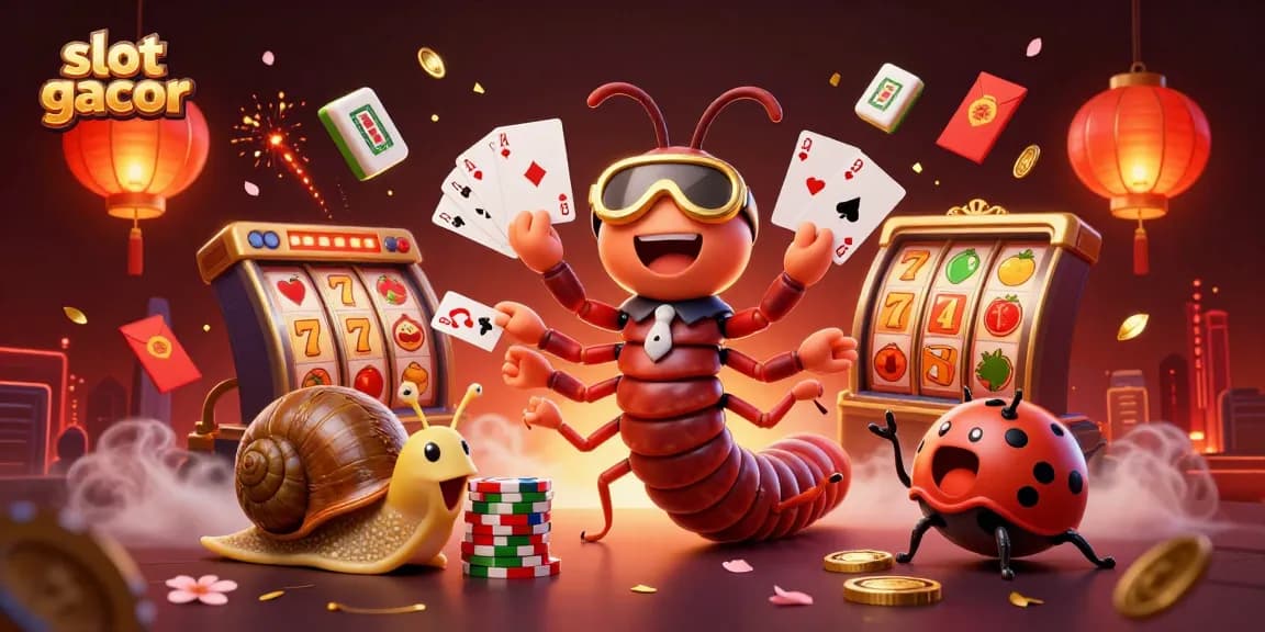Menang slot gacor dengan dealer catur kartun yang memegang kartu di tangan kecil dalam suasana kasino yang meriah.