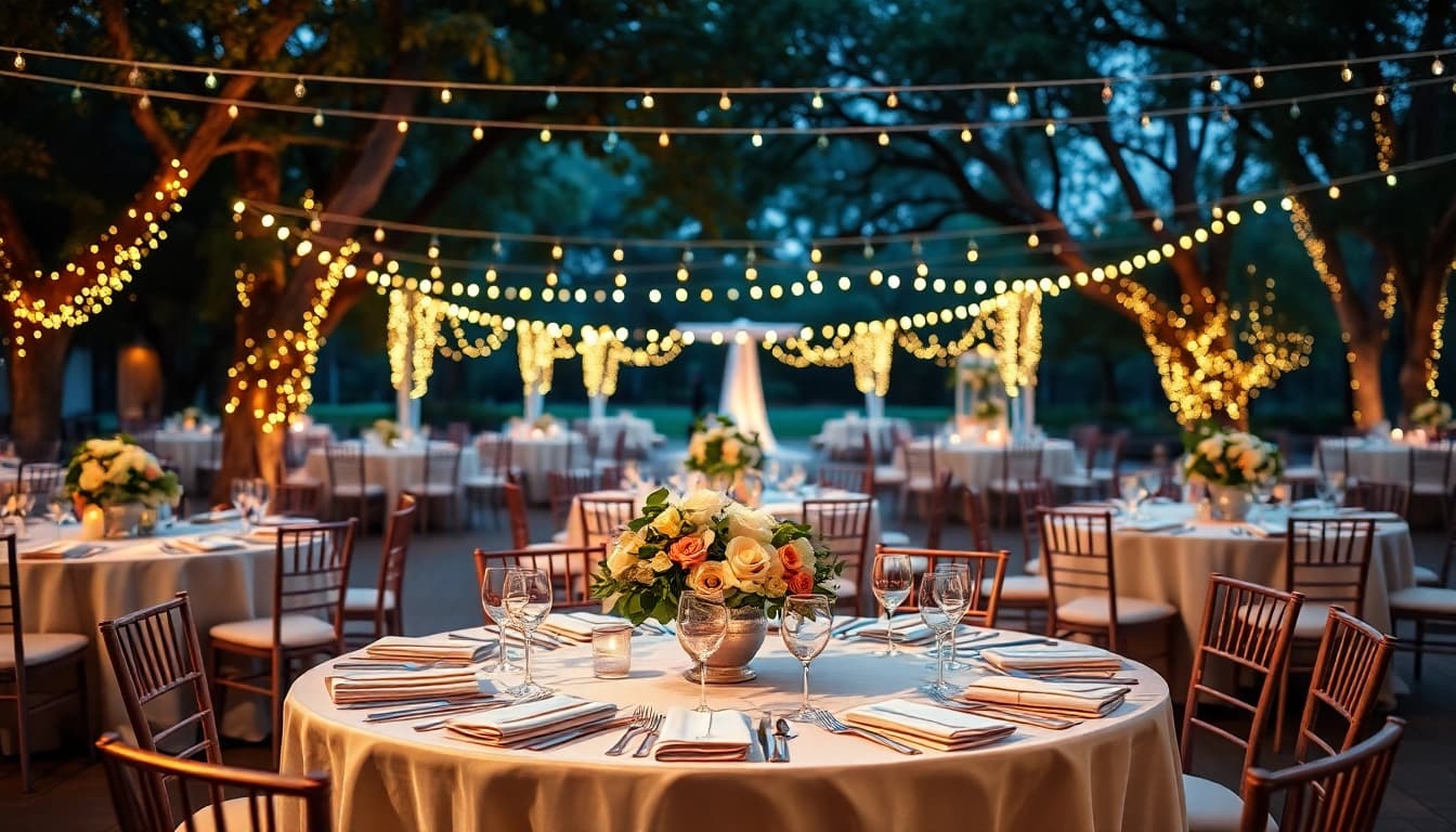 Event Rentals setup with elegant tables and floral arrangements in a beautiful outdoor setting.
