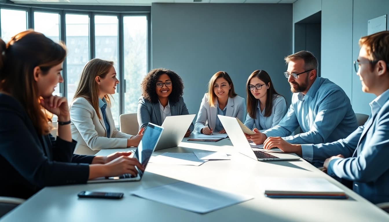 Collaborative discussion on contracts and grants in a professional office setting.