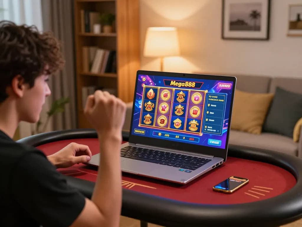 Excited player celebrating a win while playing free credit mega888 online in a cozy home setting.