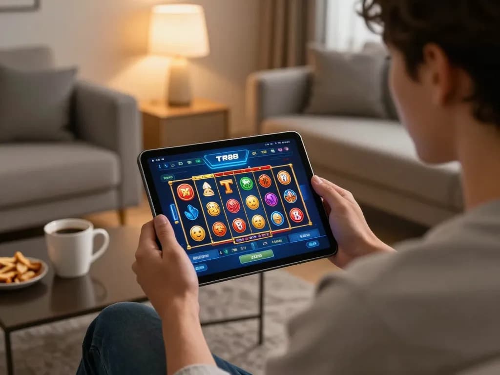 Engaging with LINK TR88 app in a cozy living room during online gaming session.
