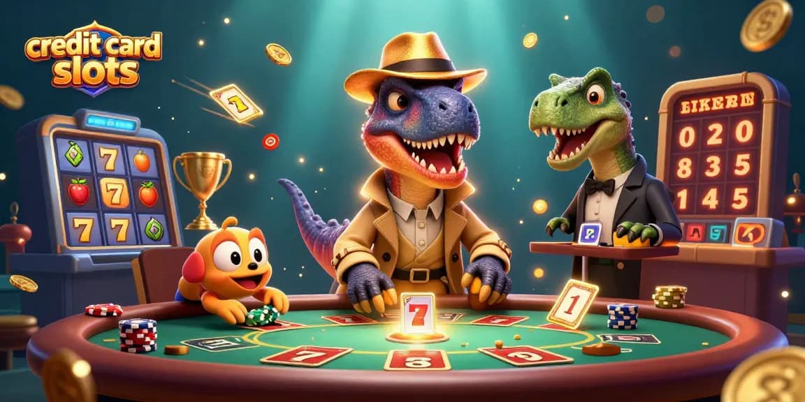 Experience thrilling credit card slots action with dinosaur characters in this vibrant casino scene.