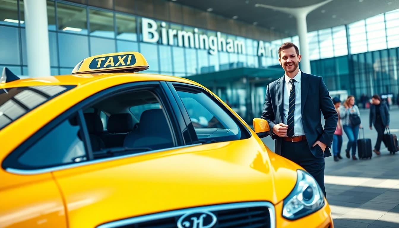 Booking a reliable taxi from Nottingham to Birmingham Airport with luggage in view.