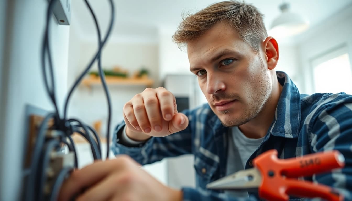 Electrician engaged in electrical service maintenance showing tools and expertise.