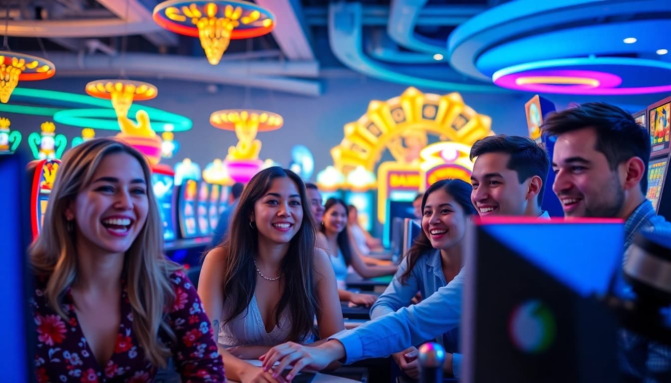 Erleben Sie die Aufregung des online casino spielen in einer lebhaften, farbenfrohen Umgebung.