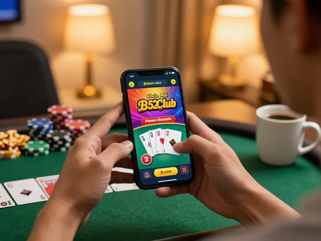 Engaging with Khuyến Mãi B52Club promotions while playing poker on a smartphone in a cozy home setup
