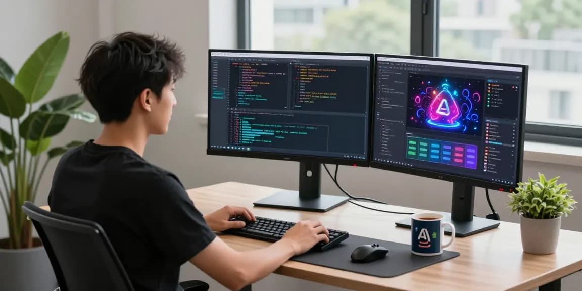 Developer showcasing kobold ai in a modern tech workspace with multiple screens and coding elements.