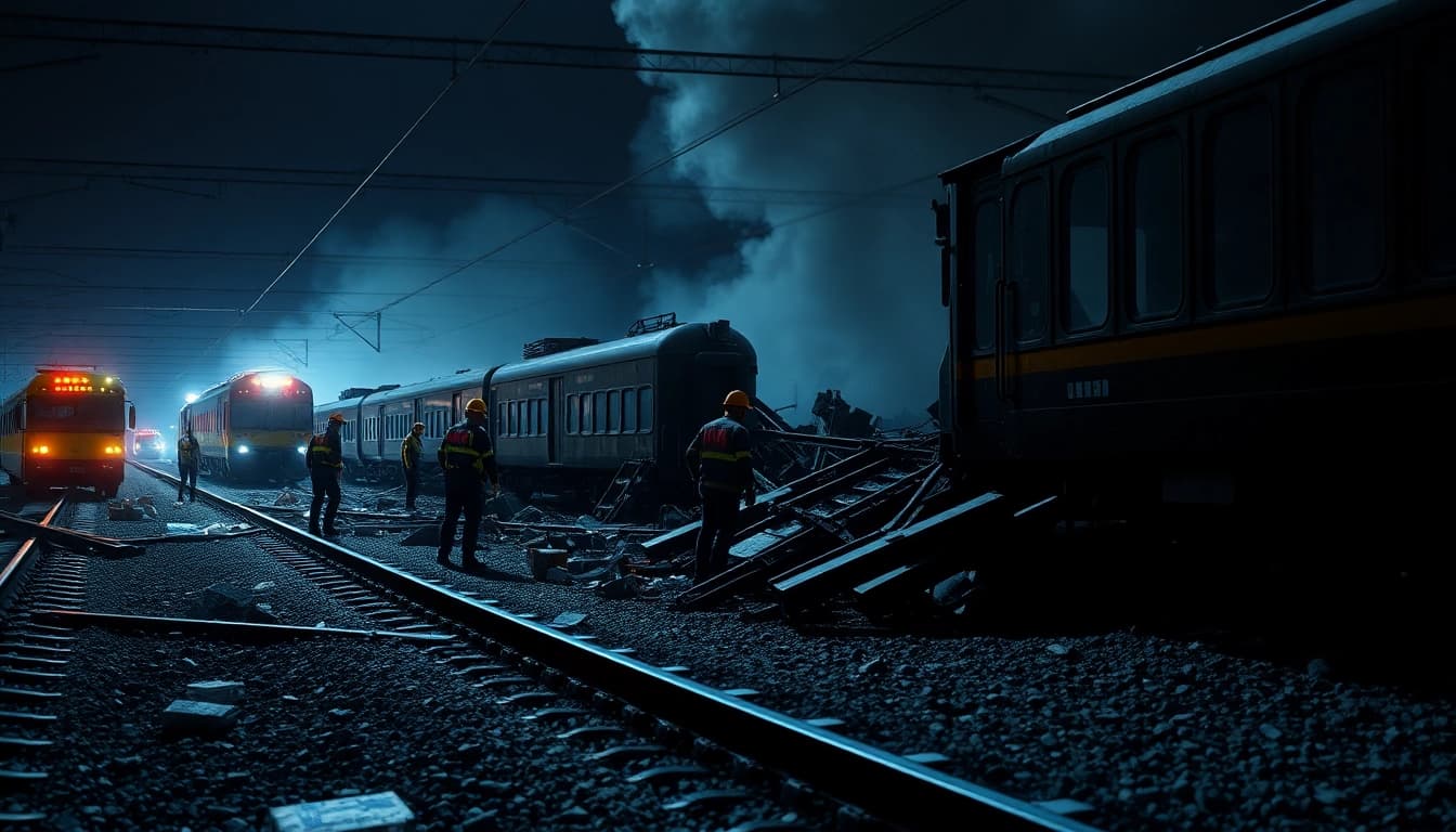 Emergency responders at a spain train crash scene, showcasing the aftermath and urgency of the situation.