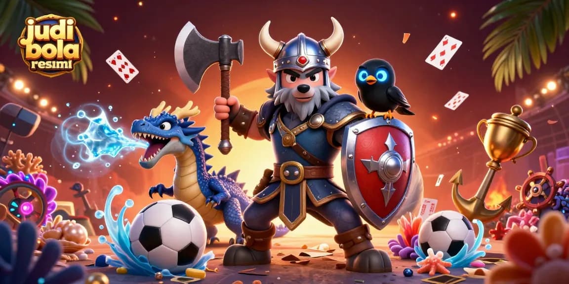 Engage in judi bola resmi with a vibrant illustration of gaming characters amid sports-themed elements.
