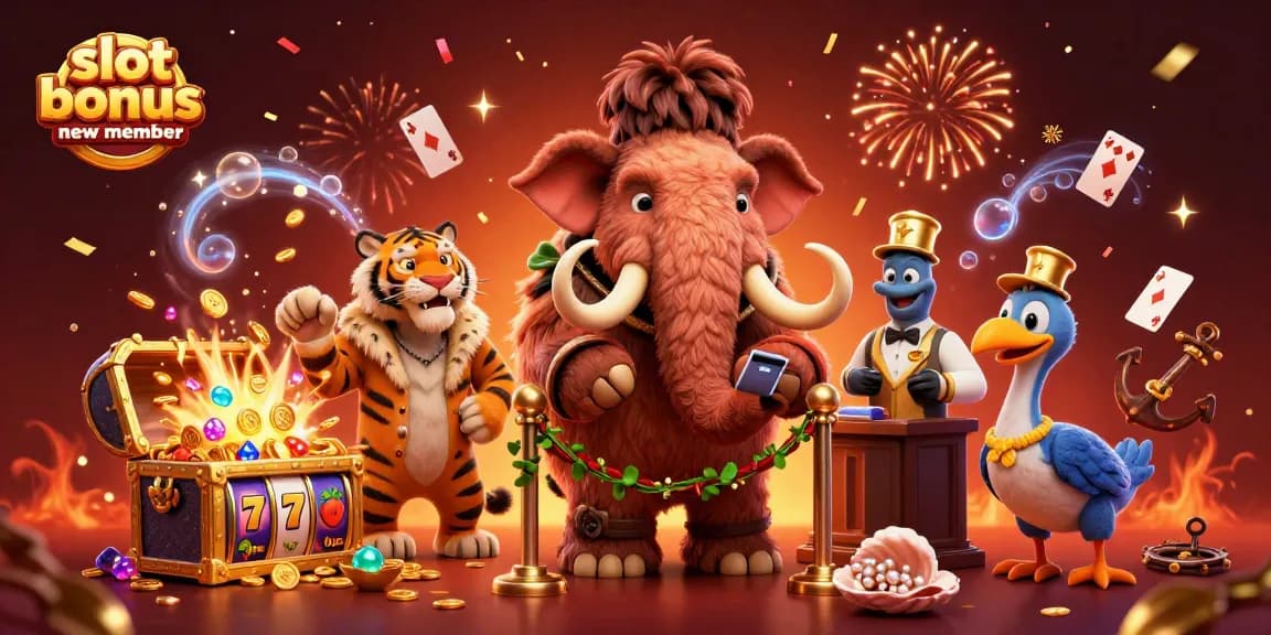 Experience the excitement of a slot bonus new member with a vibrant 3D casino scene featuring colorful characters and gameplay elements.