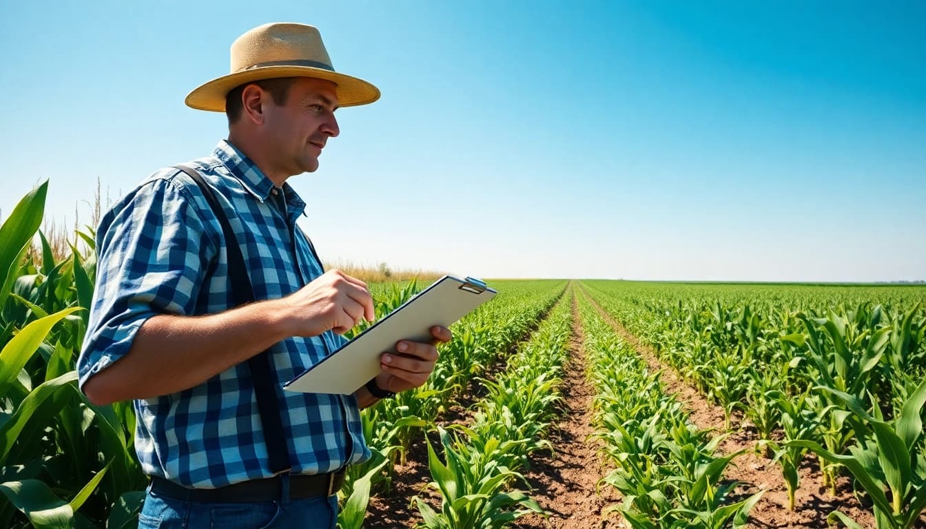 Farmer in agriculture law setting, overseeing crops with clipboard highlighting agricultural practices.