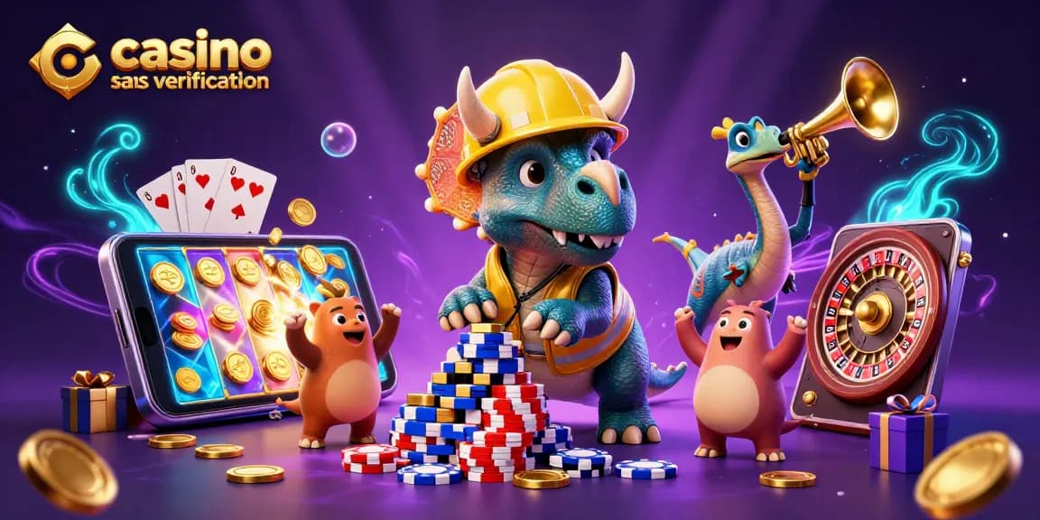 Gagnez dans un casino en ligne sans vérification avec une scène animée de dinosaures jouant aux jeux d'argent.