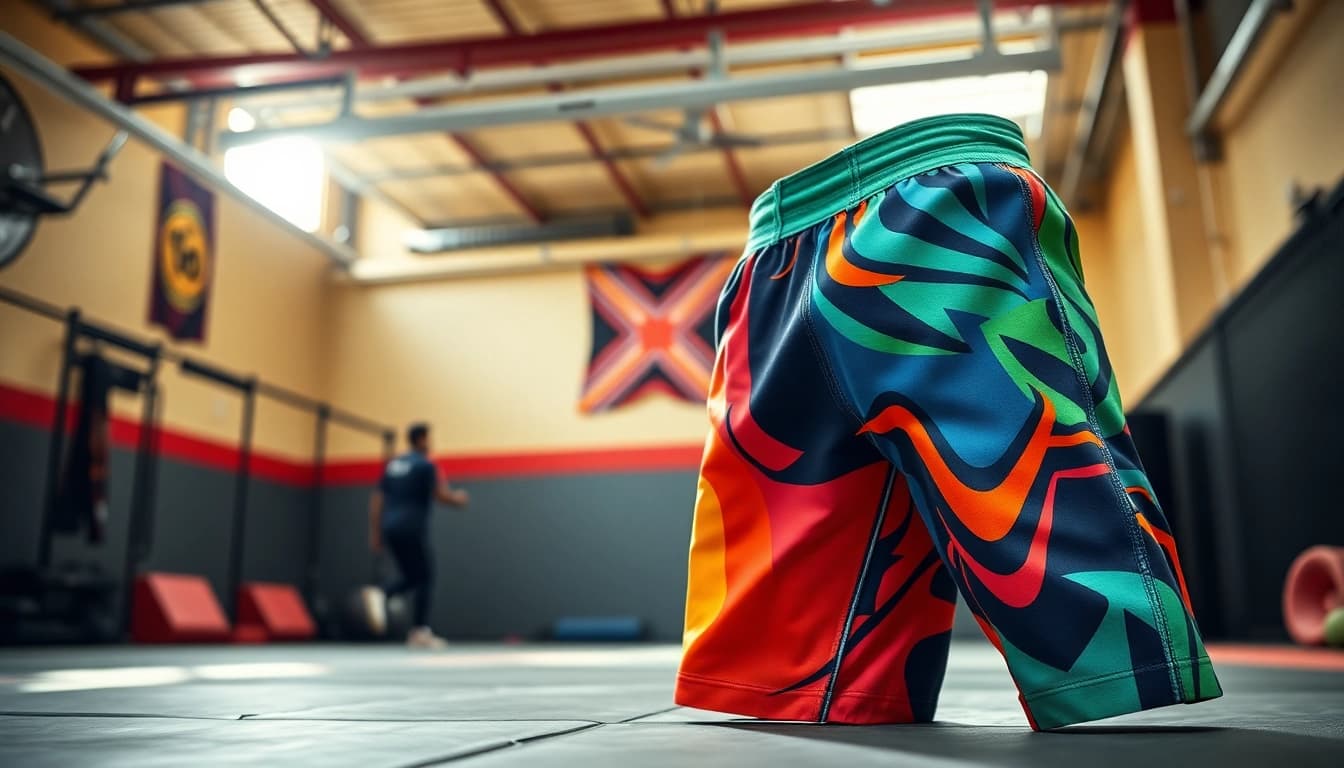 Showcasing Brazilian Jiu-Jitsu shorts with vibrant patterns and textures in a gym setting.