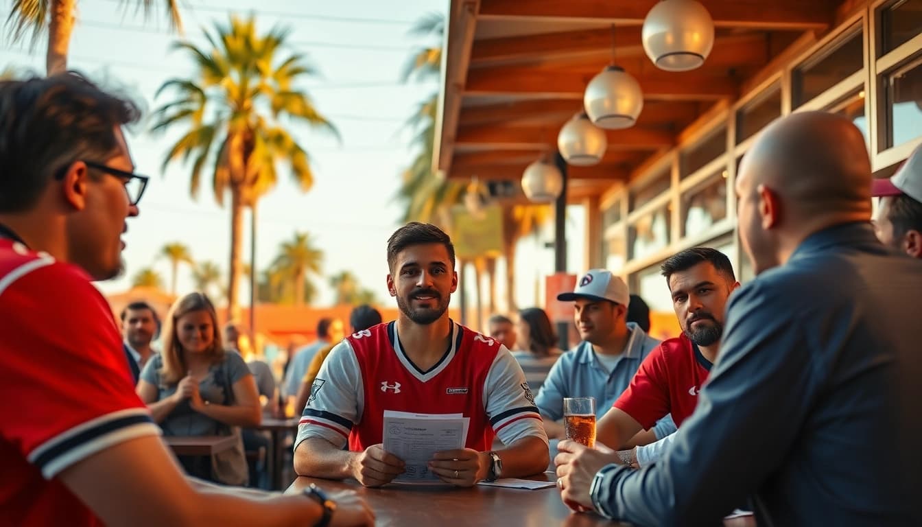 Engaged fans discussing sports betting in California at an energetic outdoor sports bar.
