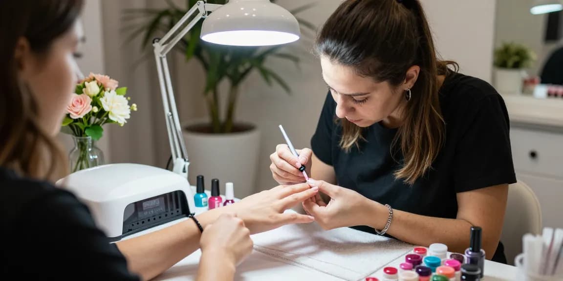 Tehnician profesionist de unghii aplicând gel constructie unghii într-un salon de înfrumusețare, creând artă pe unghii elegantă cu lacuri colorate.