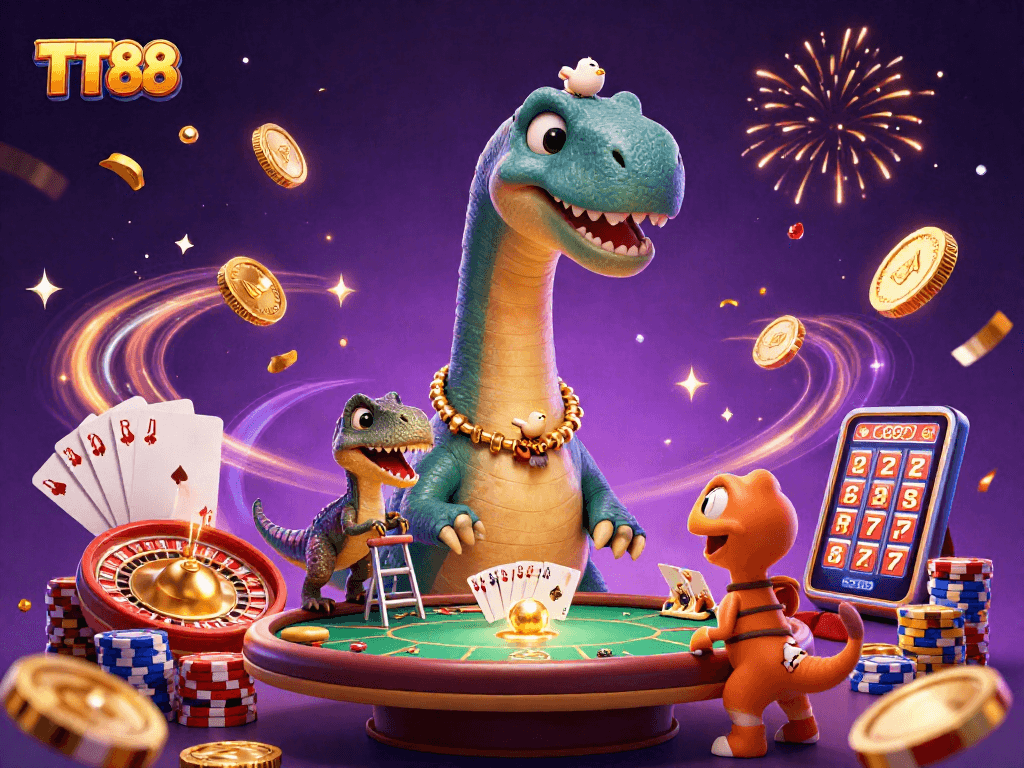 Experience gaming excitement with TT88 as a colossal brontosaurus oversees a wild casino scene.