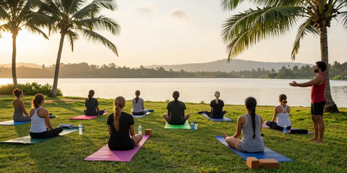 Yoga teacher trainings Sri Lanka at sunrise on Koggala Lake with diverse students practicing together.