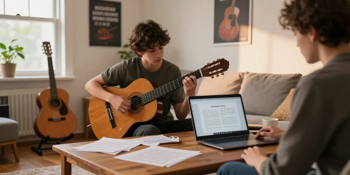 Student learning from a classical guitar teacher online in a cozy home studio.