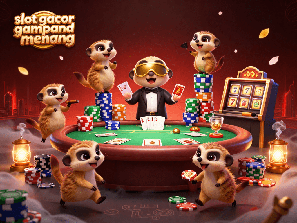 Experience slot gacor gampang menang with adorable meerkats running a vibrant casino operation together.