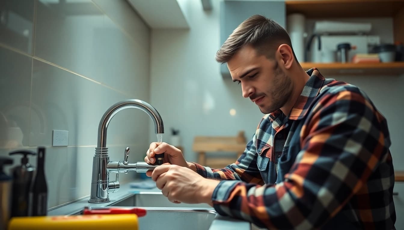 Qualified plumbers knightdale fixing a leak in a modern kitchen, demonstrating expert skills.