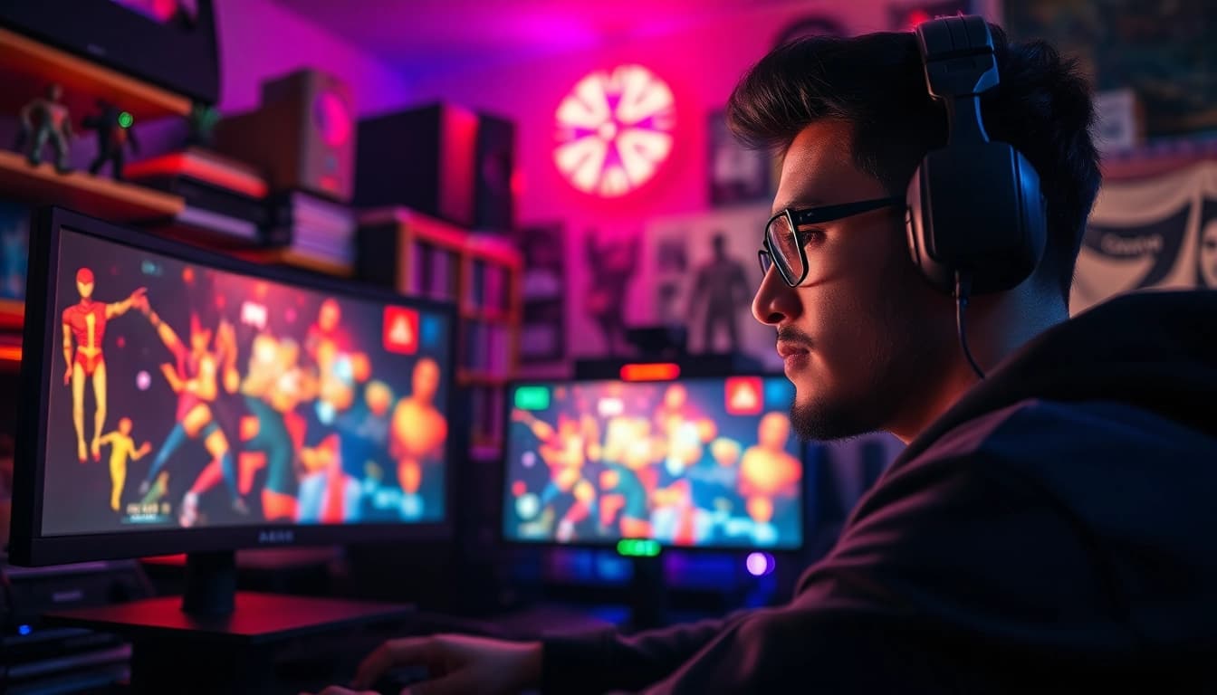 Gamer immersed in gameplay at https://gamelevate.com featuring dual monitors and colorful lights.
