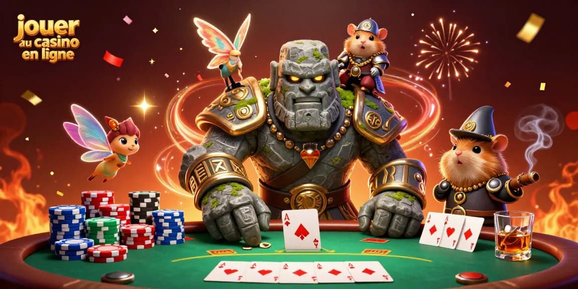 Découvrez la magie du casino en ligne avec des personnages vibrants et des éléments de casino dans une scène festive.