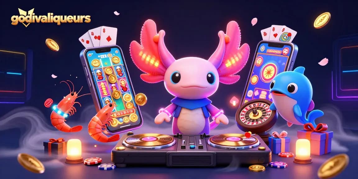 Experience the thrill of godivaliqueurs in a vibrant casino-themed illustration packed with colorful games and characters.