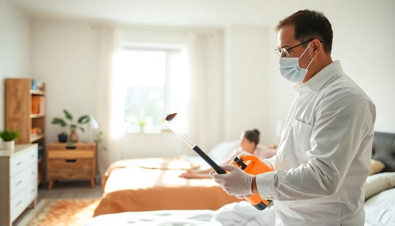 Exterminator implementing bed bug treatment in a tidy bedroom setting, illustrating effective pest control methods.