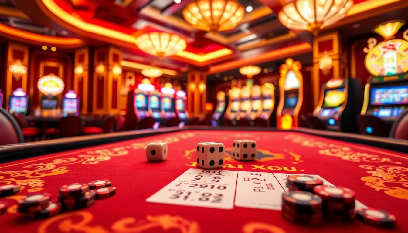 Engaging scene of Tài Xỉu MD5 with a table and rolling dice capturing the thrill of online gambling.