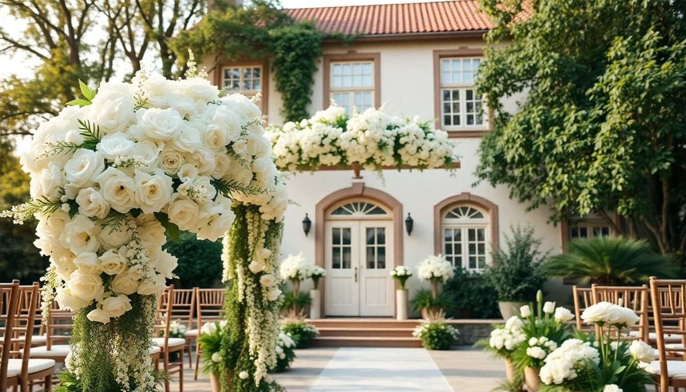 Beautiful outdoor ceremony setup at a Jacksonville Wedding Venue with floral arrangements and a vintage backdrop.
