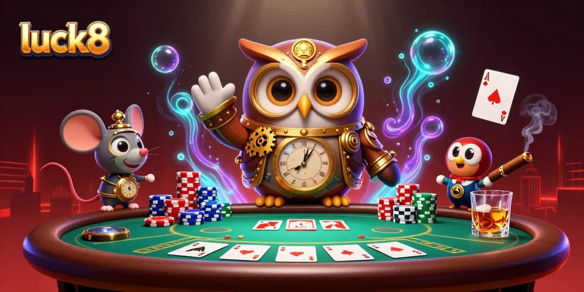 Experience thrilling action at luck8 with a vibrant poker scene featuring a time-traveler owl and steampunk elements.