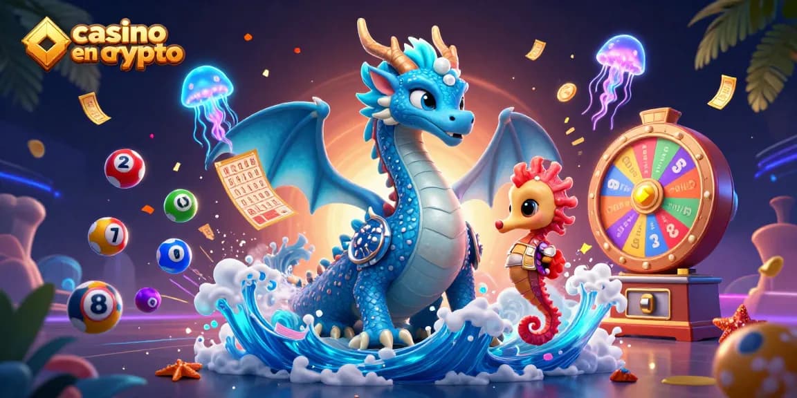 Jouez sur le casino en crypto avec un dragon en 3D et des éléments de jeux colorés, illustrant une expérience immersive.