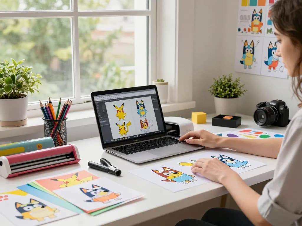 Designer creating tumbler designs using a diverse svg bundle among colorful crafting materials in an inspiring workspace.