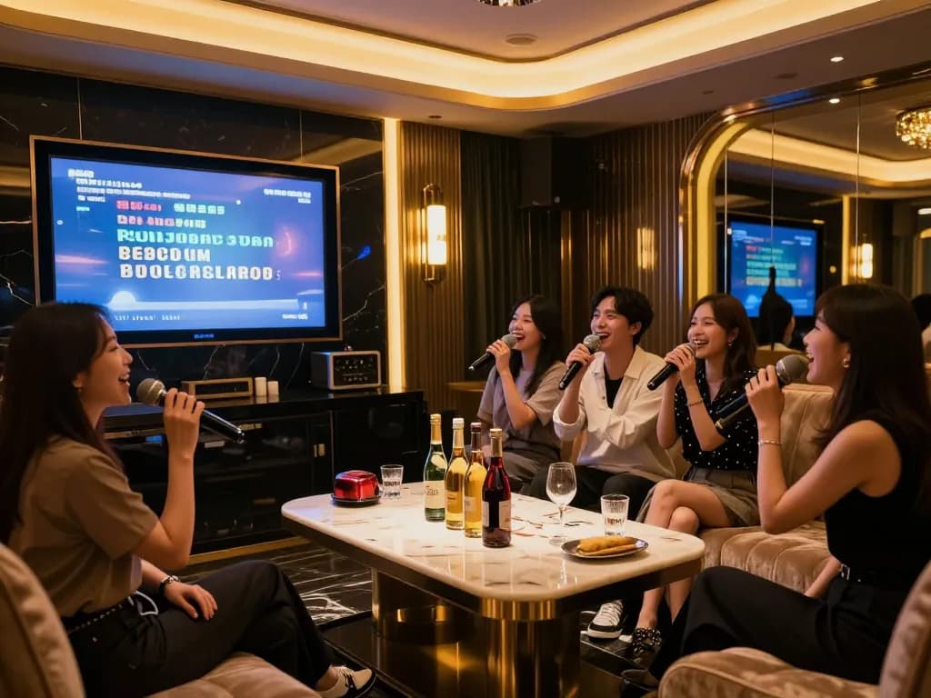 생동감 넘치는 장식과 고급스럽고 활기찬 손님들이 매순간을 즐기는 퍼펙트가라오케에서의 호화로운 엔터테인먼트를 경험하세요.