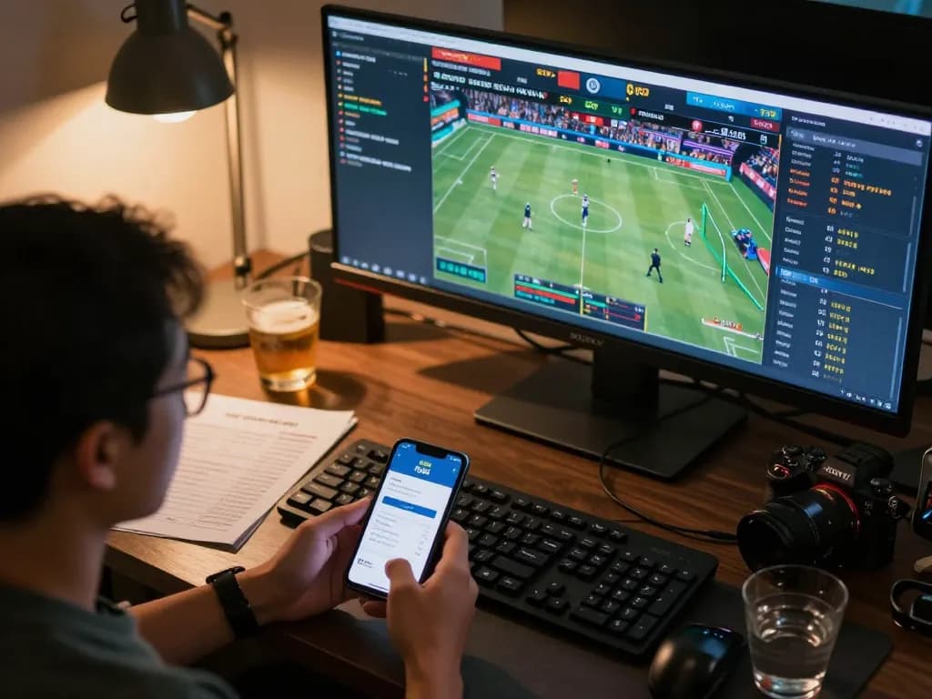 Engaged player using nhà cái fly88 app for live sports betting with multiple screens showing odds and matches.