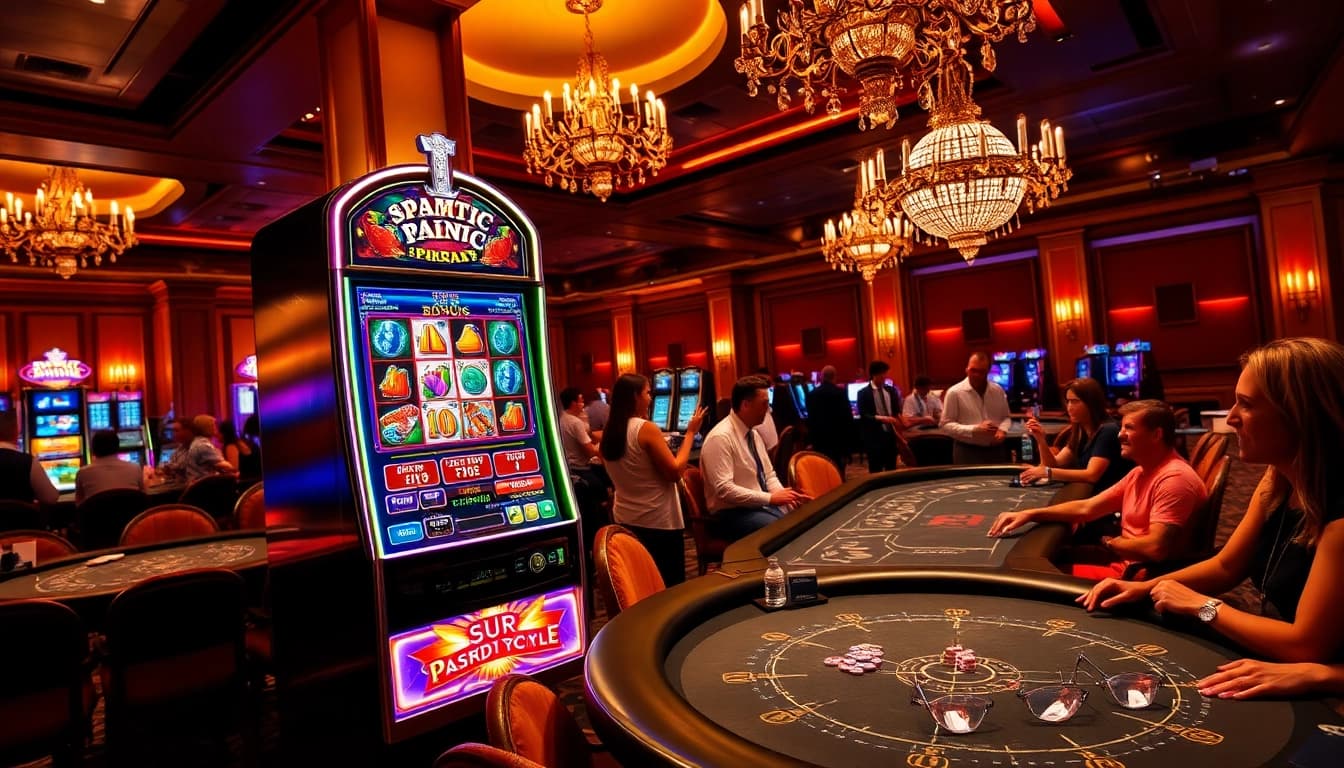 Players enjoying a vibrant pragmatic slot machine in a luxurious casino setting.