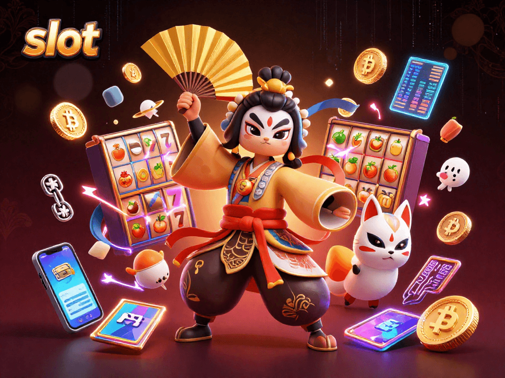 Slot menggambarkan pejuang kabuki dan simbol keberuntungan dalam suasana kasino.
