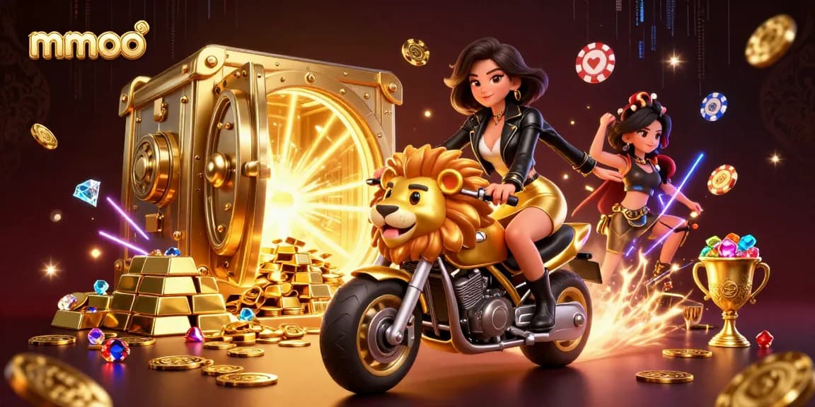 Play exciting games at mmoo while a glamorous woman rides a golden lion in a vibrant casino atmosphere.