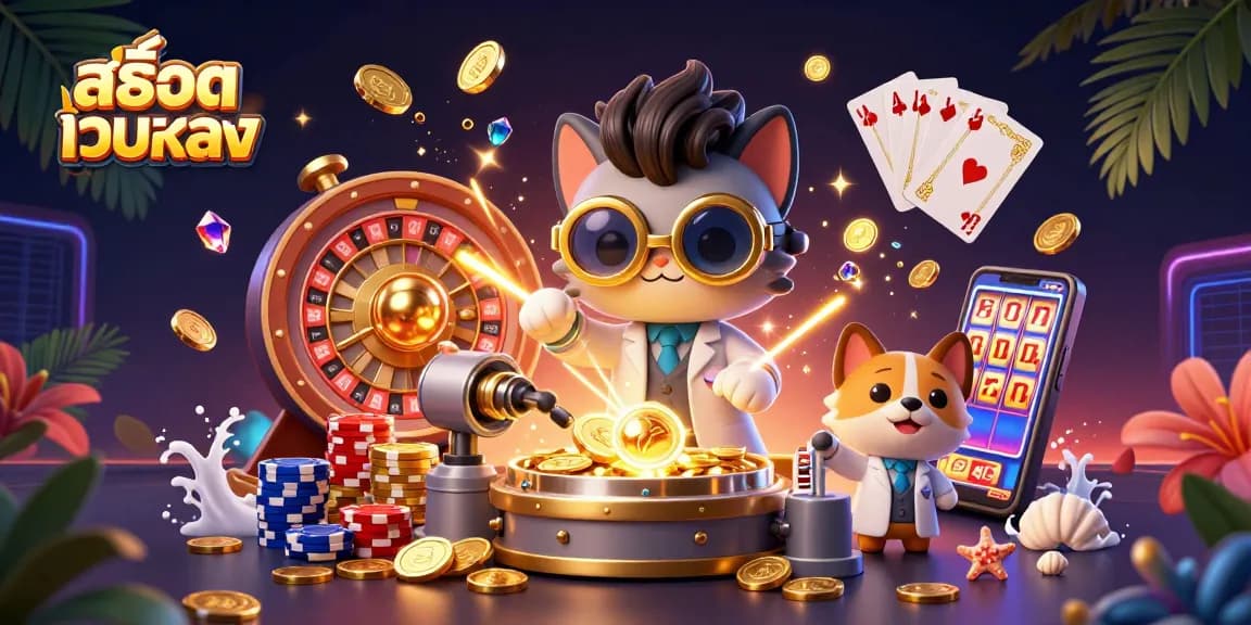 Play  สล็อตเว็บตรง with spinning roulette wheels, golden coins, and vibrant casino elements for an engaging experience.