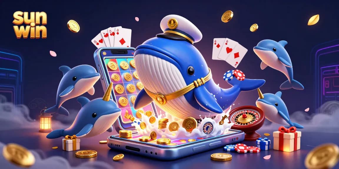 Experience thrilling fun at sun win with a whimsical whale in a vibrant online casino scene