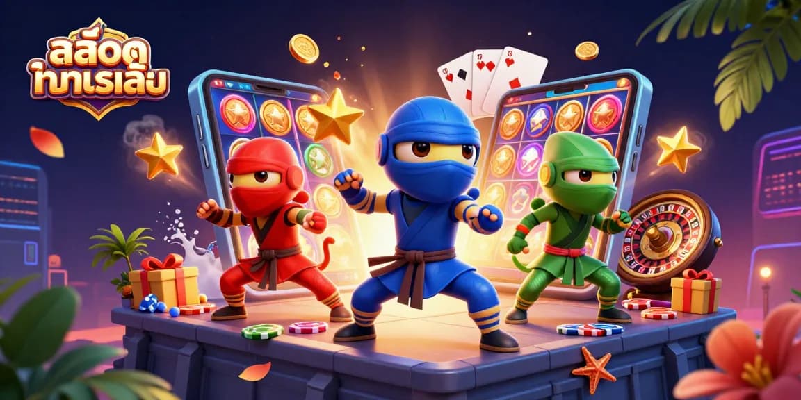 Experience the thrill of สล็อตทดลองเล่น with 3D ninja chameleons in action, surrounded by exciting casino elements.